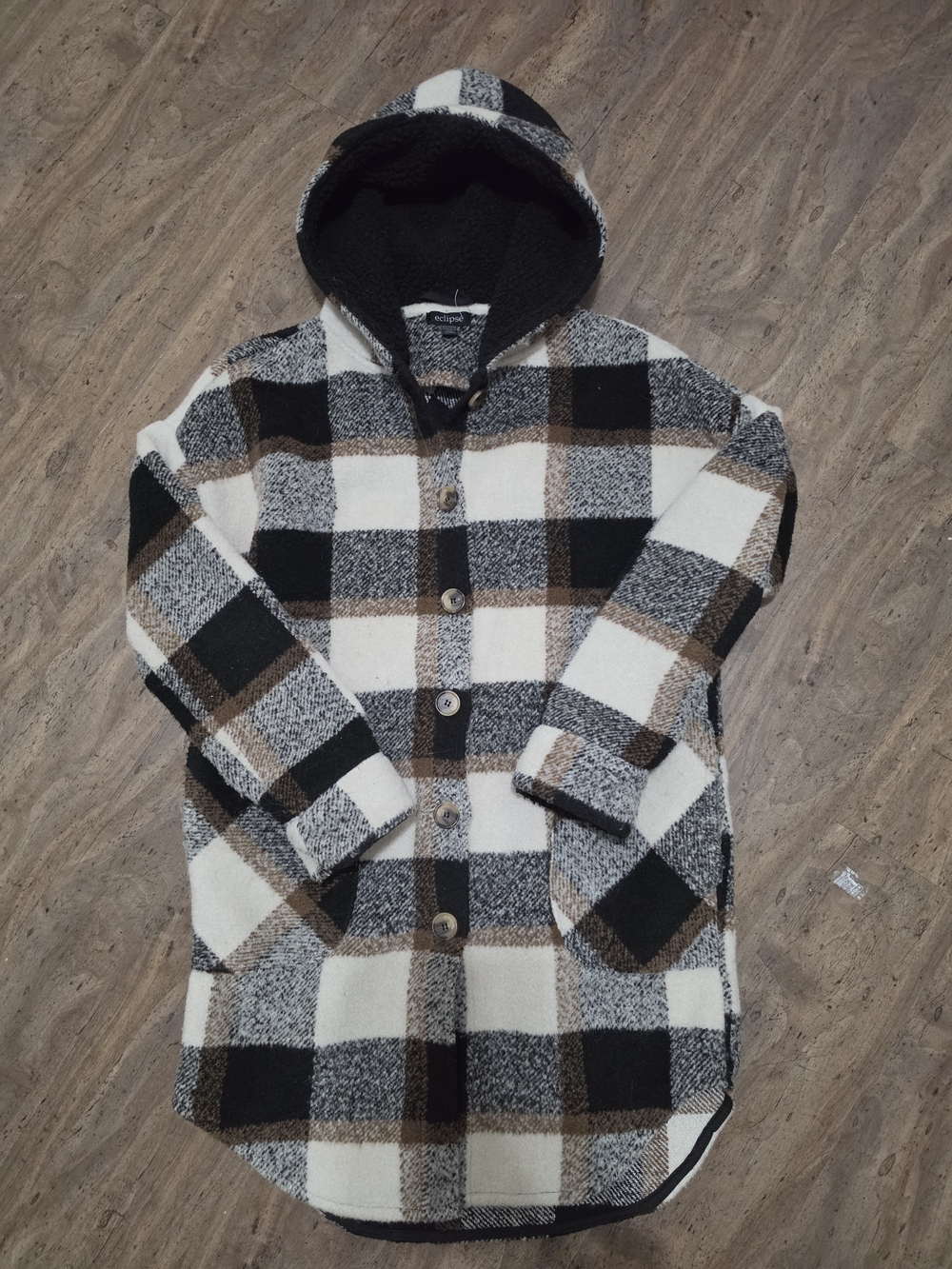 Eclipse Black White and Brown Plaid Hooded Trench Coat